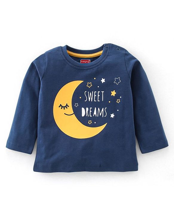 Babyhug Single Jersey Knit Full Sleeves Night Suit Moon Stars & Text Print - Yellow & Blue