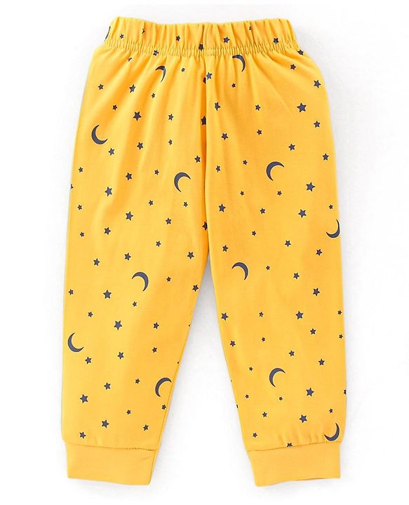 Babyhug Single Jersey Knit Full Sleeves Night Suit Moon Stars & Text Print - Yellow & Blue
