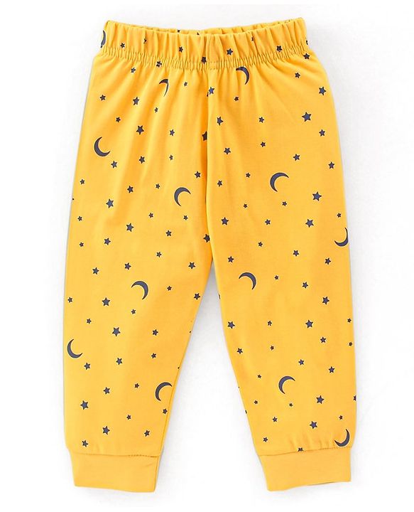 Babyhug Single Jersey Knit Full Sleeves Night Suit Moon Stars & Text Print - Yellow & Blue