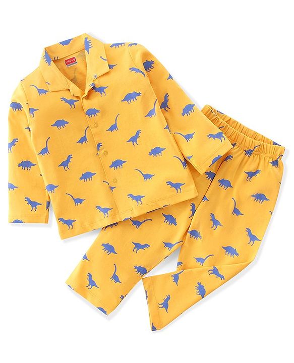 Babyhug Cotton Knit Full Sleeves Night Suit With Dino Print - Yellow