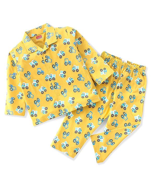 Babyhug Single Jersey Knit Full Sleeves Night Suit With Tractor & Truck Print - Yellow
