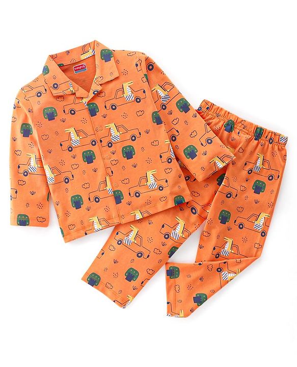 Babyhug Cotton Knit Full Sleeves Night Suit Crocodile & Car Print- Orange
