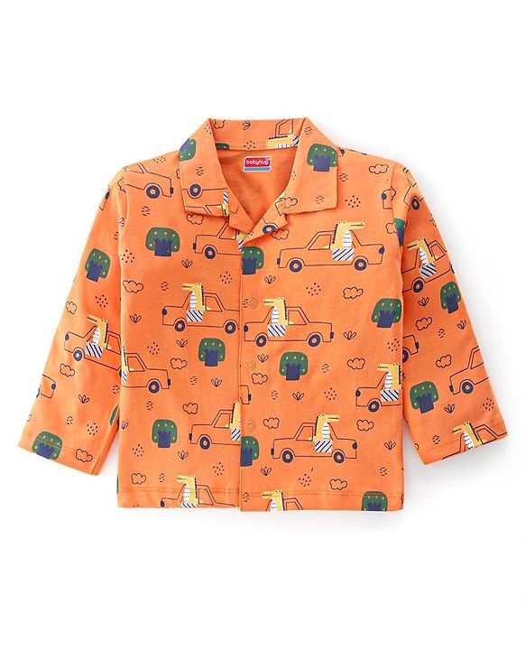 Babyhug Cotton Knit Full Sleeves Night Suit Crocodile & Car Print- Orange