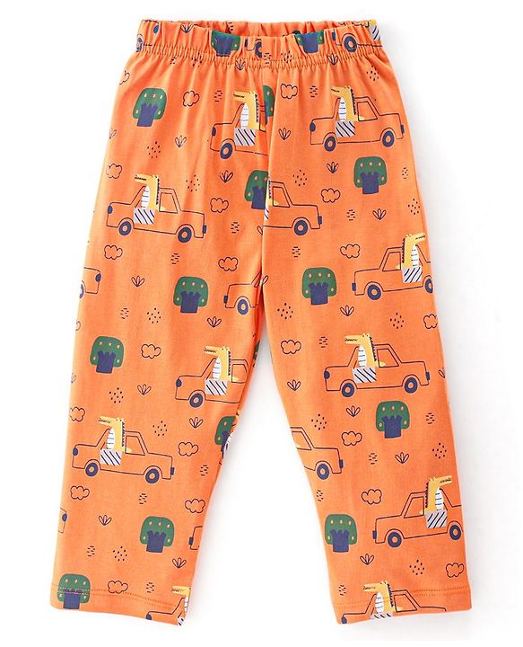 Babyhug Cotton Knit Full Sleeves Night Suit Crocodile & Car Print- Orange