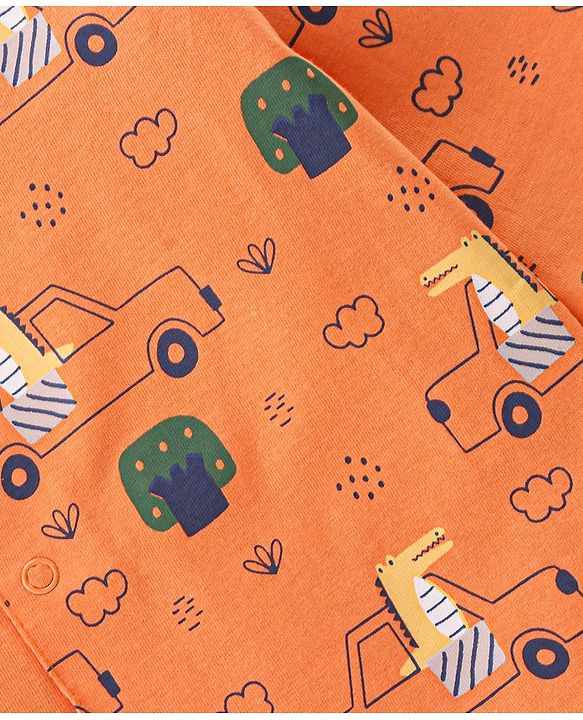 Babyhug Cotton Knit Full Sleeves Night Suit Crocodile & Car Print- Orange
