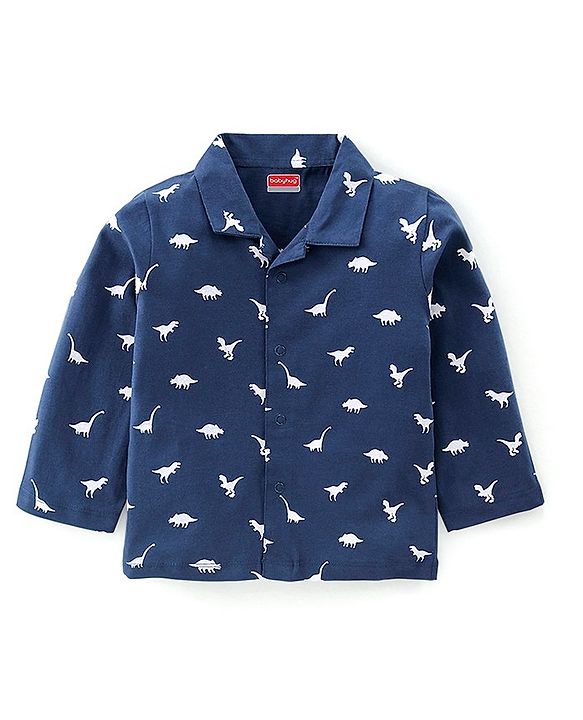 Babyhug Single Jersey Knit Full Sleeves Night Suit With Dino Print - Navy Blue