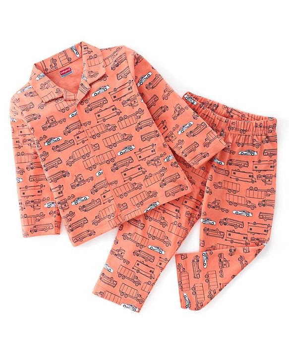 Babyhug Cotton Knit Full Sleeves Night Suit With Cars Print - Orange