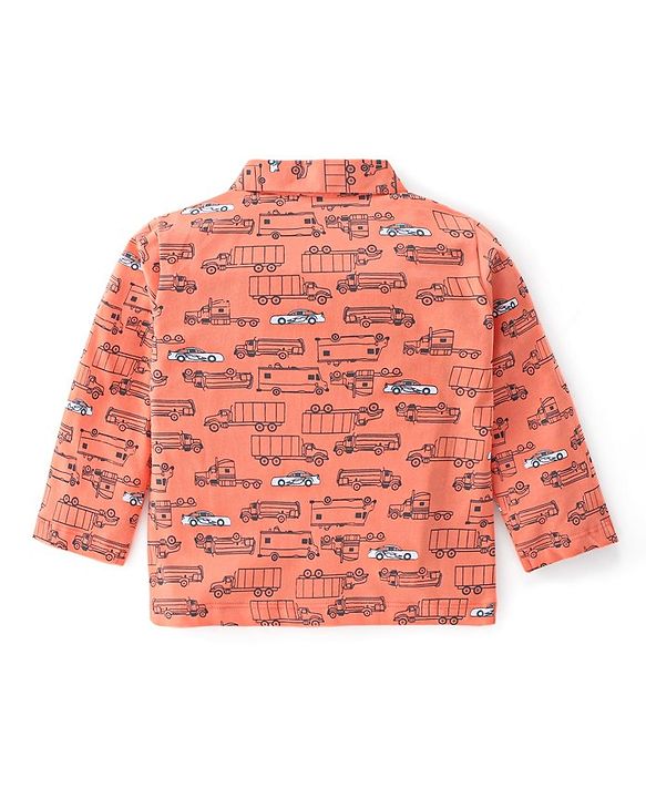 Babyhug Cotton Knit Full Sleeves Night Suit With Cars Print - Orange