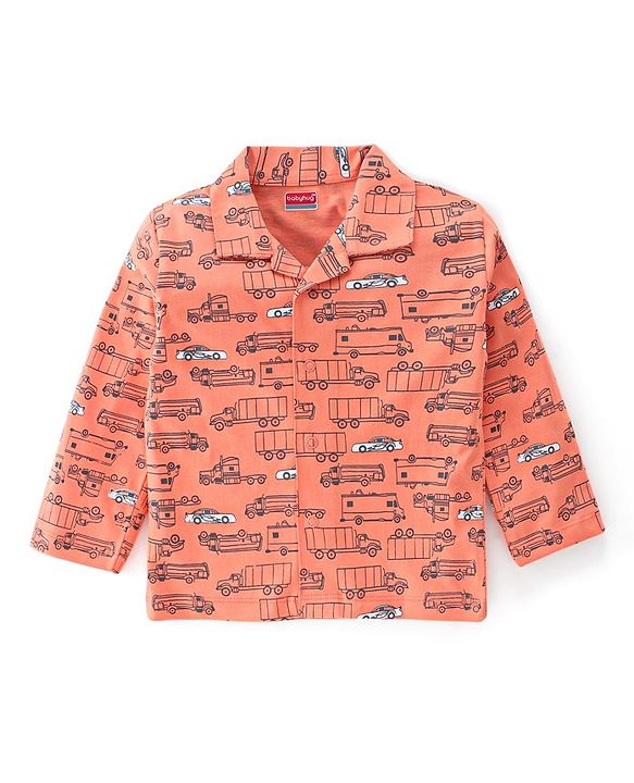 Babyhug Cotton Knit Full Sleeves Night Suit With Cars Print - Orange
