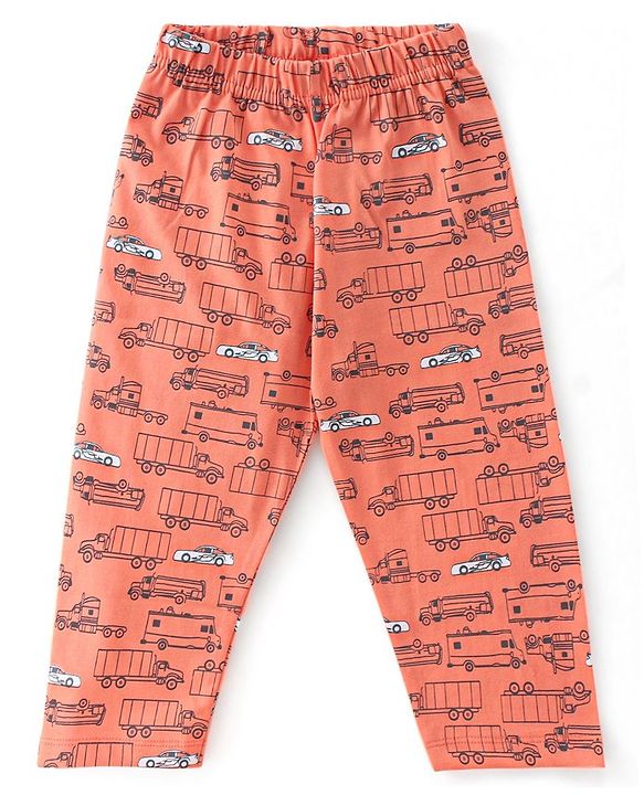 Babyhug Cotton Knit Full Sleeves Night Suit With Cars Print - Orange
