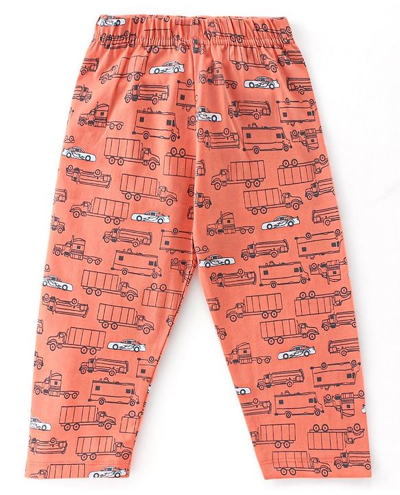 Babyhug Cotton Knit Full Sleeves Night Suit With Cars Print - Orange
