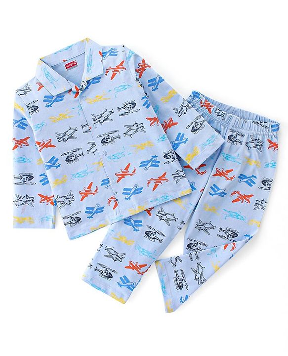 Babyhug Cotton Knit Full Sleeves Night Suit Air Plane Print- Blue