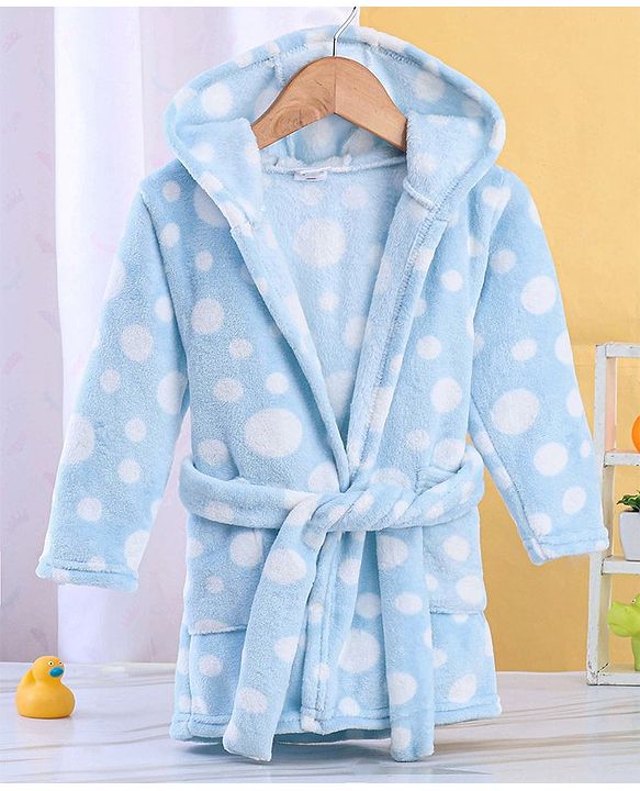 Babyhug Velour Full Sleeves Bathrobe with Hooded Polka Dot Print - Blue