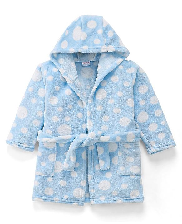Babyhug Velour Full Sleeves Bathrobe with Hooded Polka Dot Print - Blue
