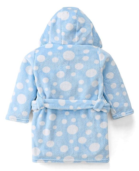 Babyhug Velour Full Sleeves Bathrobe with Hooded Polka Dot Print - Blue