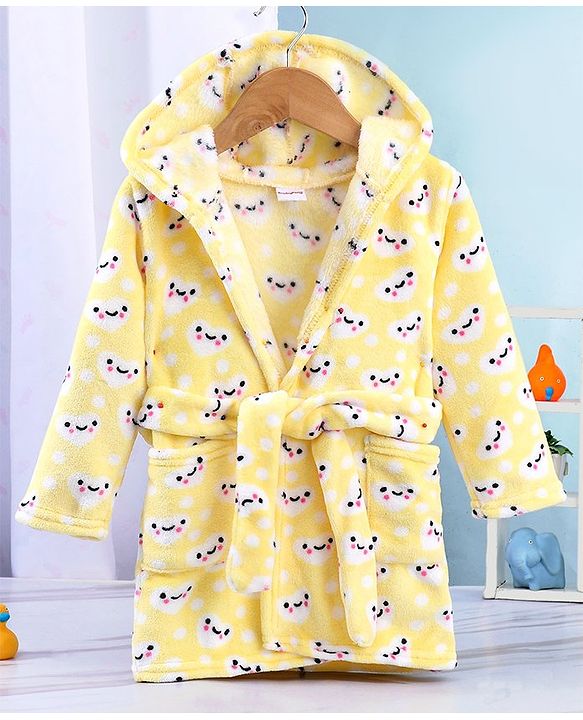 Babyhug Velour Full Sleeves Bathrobe with Hood Hearts Print - Yellow