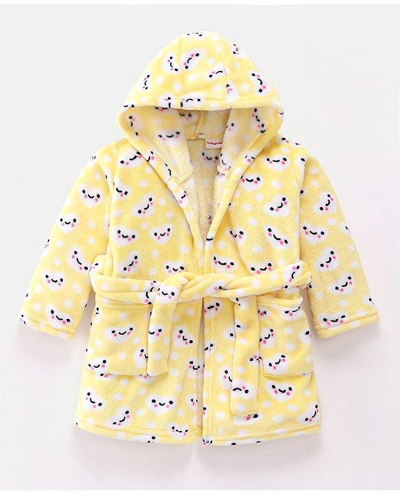 Babyhug Velour Full Sleeves Bathrobe with Hood Hearts Print - Yellow