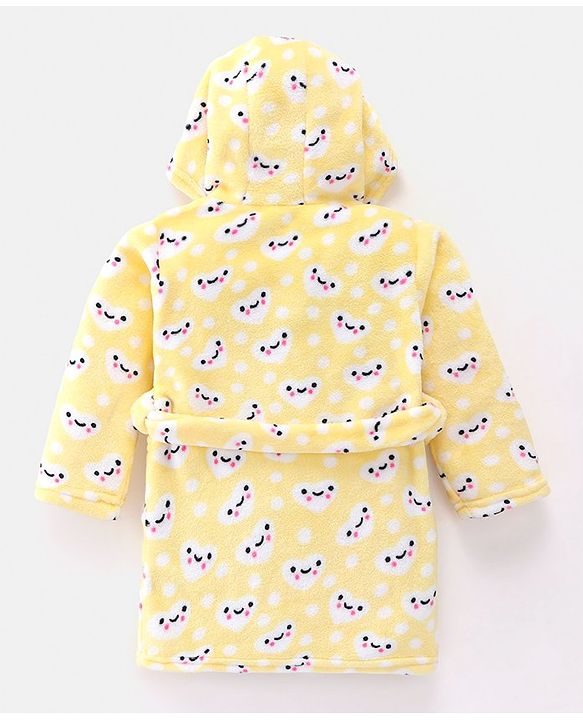 Babyhug Velour Full Sleeves Bathrobe with Hood Hearts Print - Yellow