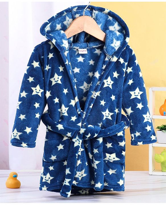 Babyhug Velour Full Sleeves Bathrobe with Hood Star Print - Blue