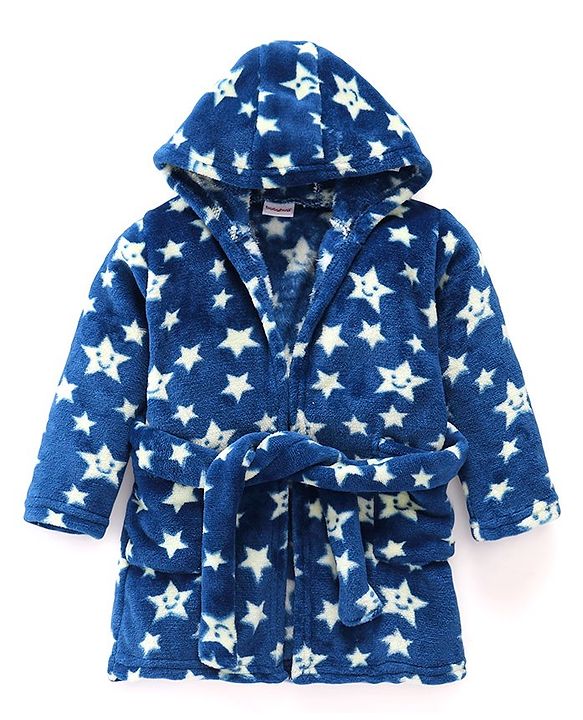 Babyhug Velour Full Sleeves Bathrobe with Hood Star Print - Blue