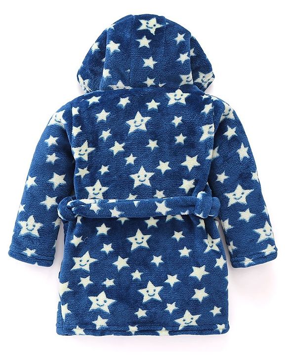 Babyhug Velour Full Sleeves Bathrobe with Hood Star Print - Blue