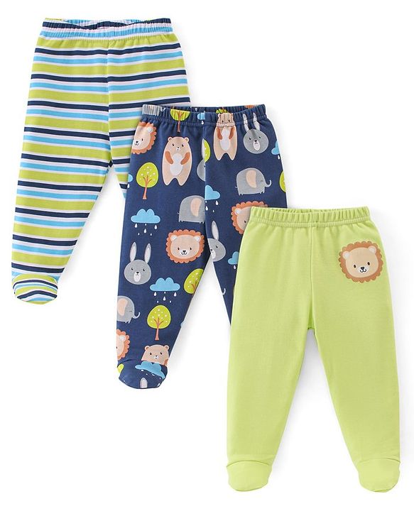 Babyhug 100% Cotton Knit Footed Bootie Leggings Stripes & Animal Print Pack of 3- Multicolour