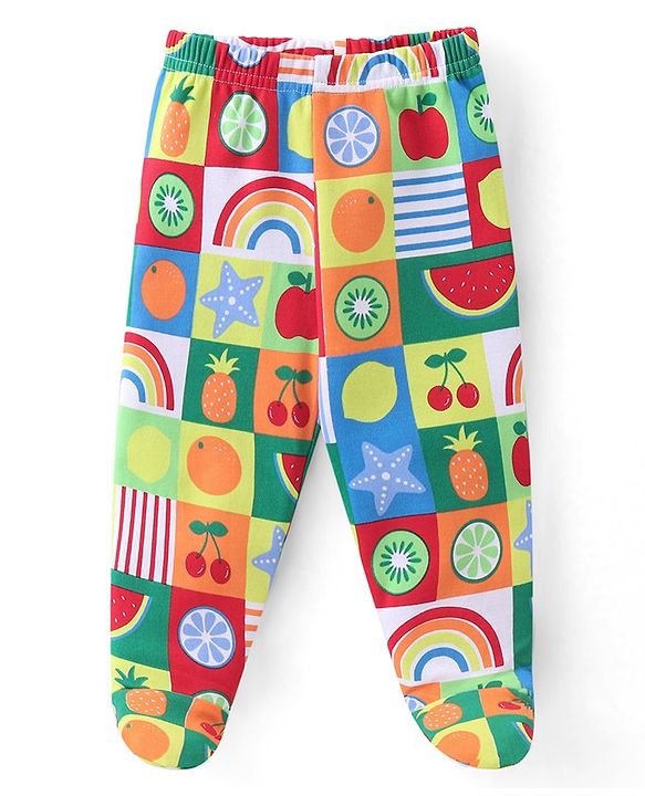 Babyoye 100% Organic Cotton Bootie Leggings With Striped & Fruit Print Pack of 3 - Multicolor