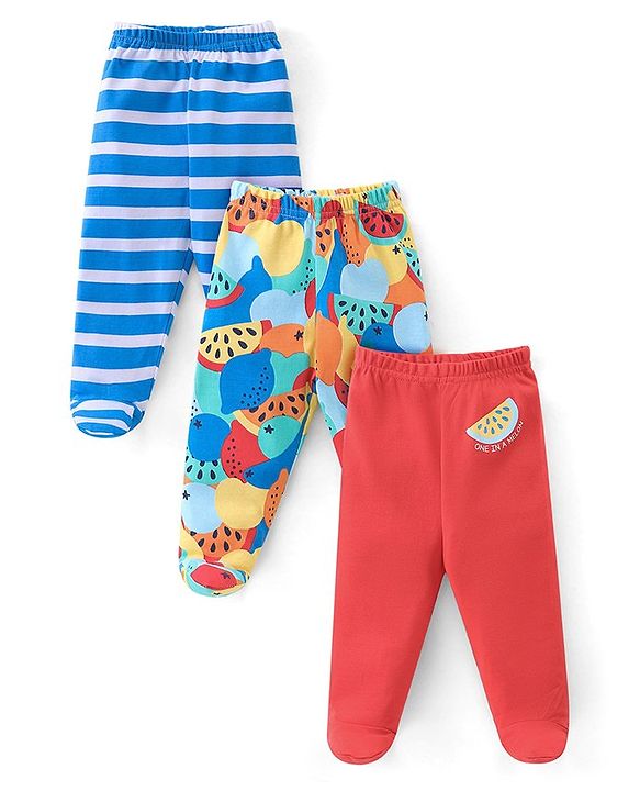 Babyhug 100%  Cotton Knit Interlock Stripe & Fruit Prints Bootie Leggings Pack of 3 - Blue & Red