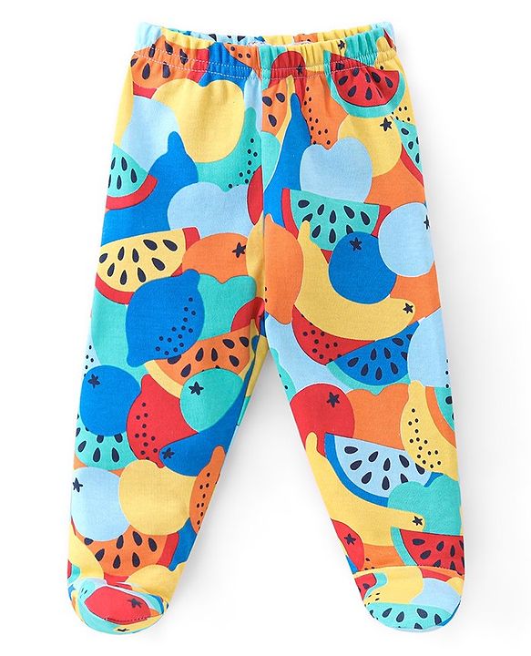 Babyhug 100%  Cotton Knit Interlock Stripe & Fruit Prints Bootie Leggings Pack of 3 - Blue & Red
