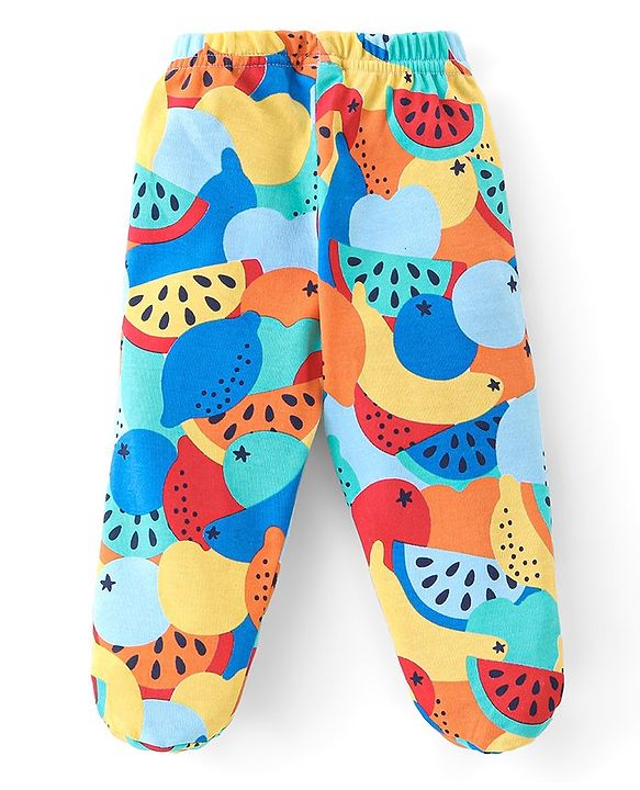 Babyhug 100%  Cotton Knit Interlock Stripe & Fruit Prints Bootie Leggings Pack of 3 - Blue & Red