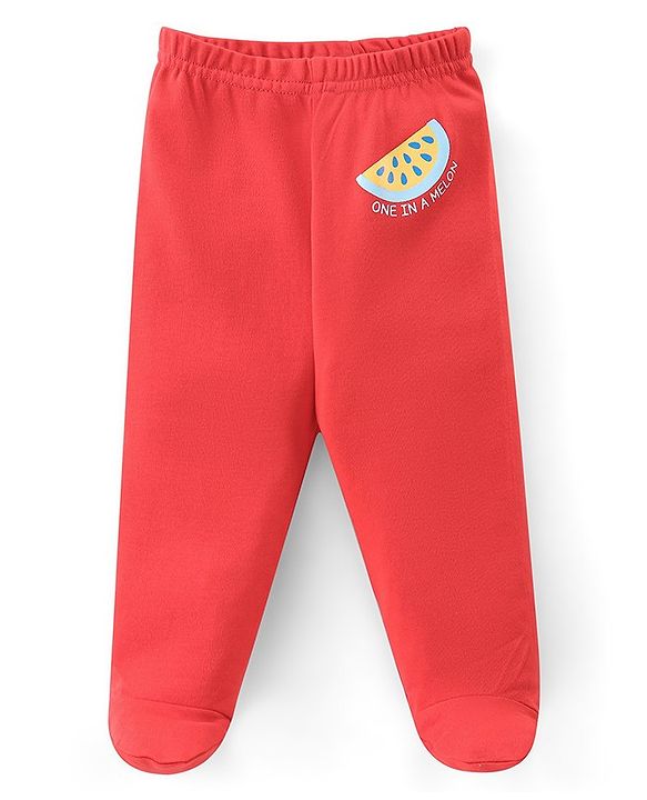 Babyhug 100%  Cotton Knit Interlock Stripe & Fruit Prints Bootie Leggings Pack of 3 - Blue & Red