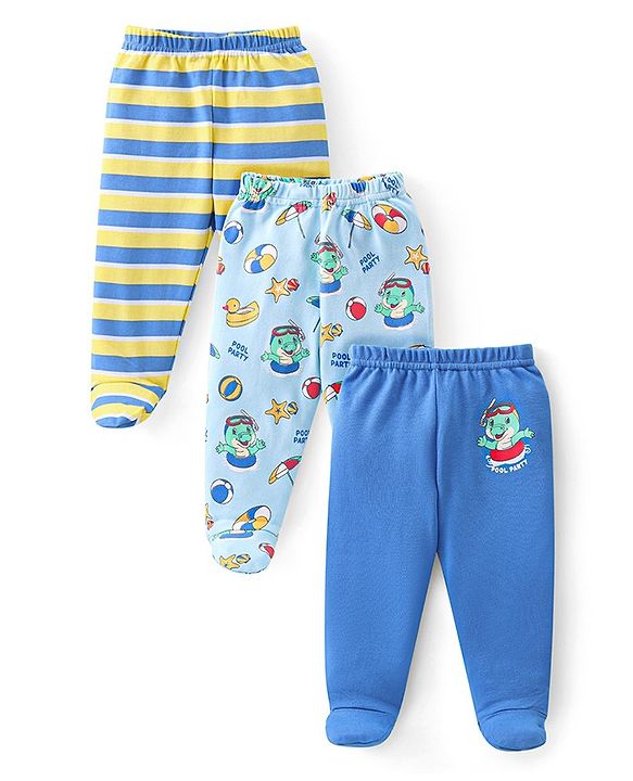 Babyhug 100% Cotton Knit Footed Bootie Leggings Stripes & Dino Print Pack of 3- Multicolour