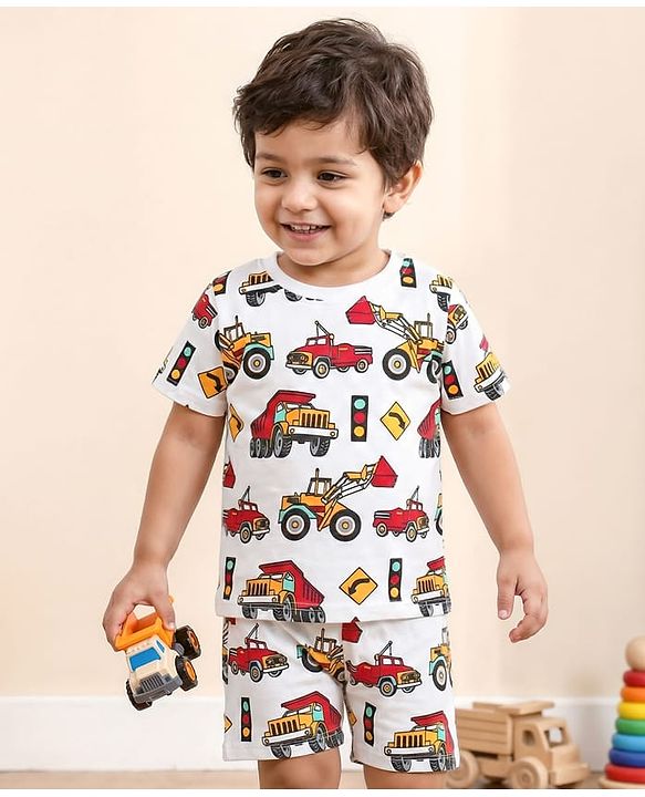 Babyhug Single Jersey Knit Half Sleeves Night Suit With JCB Print - White
