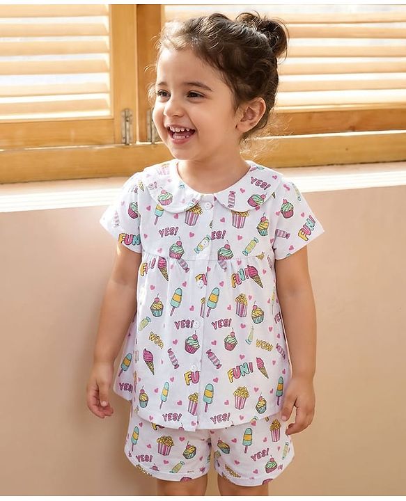 Babyhug Cotton Knit Half Sleeves Night Suit Ice Cream & Text Print- White