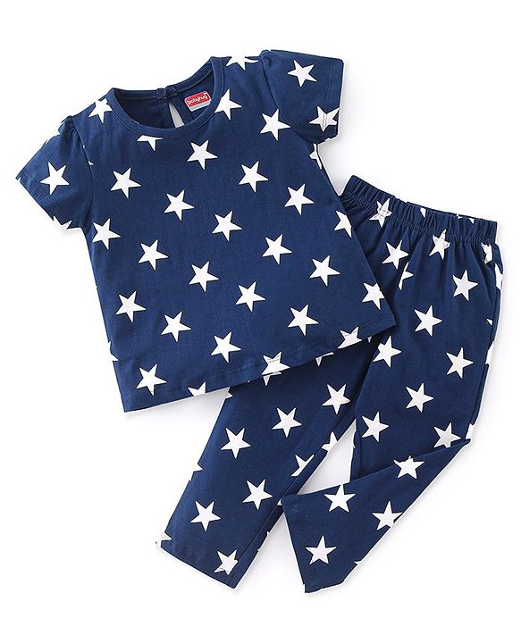 Babyhug Cotton Knit Half Sleeves Night Suit With Star Print - Navy Blue