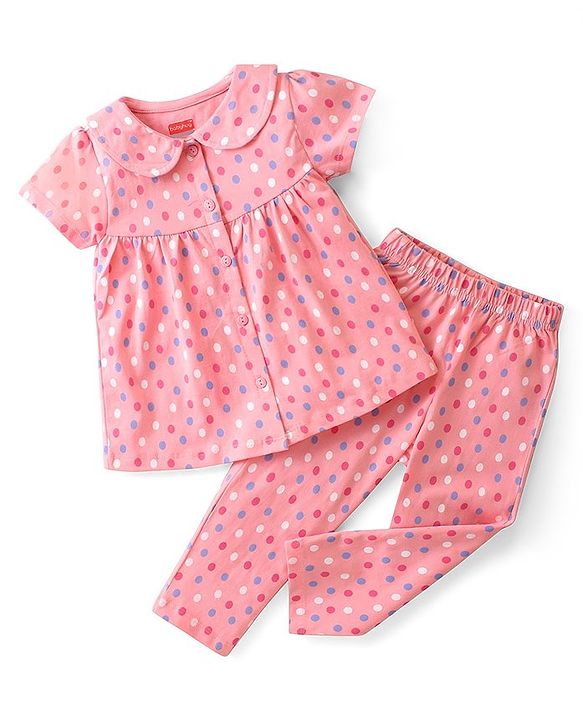 Babyhug Cotton Knit Single Jersey Half Sleeves Night Suit With Polka Dots Print - Pink