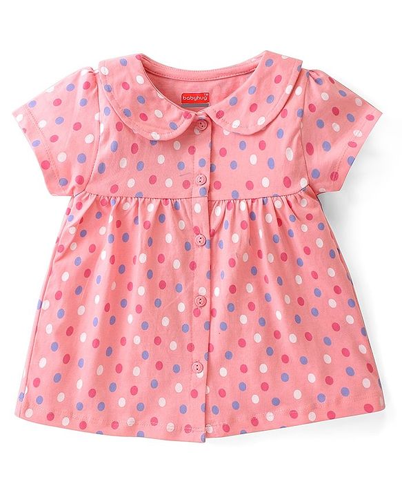 Babyhug Cotton Knit Single Jersey Half Sleeves Night Suit With Polka Dots Print - Pink