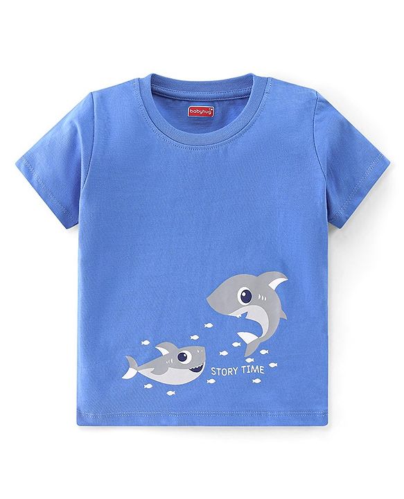 Babyhug Cotton Knit Half Sleeves Night Suit With Shark Print - Blue