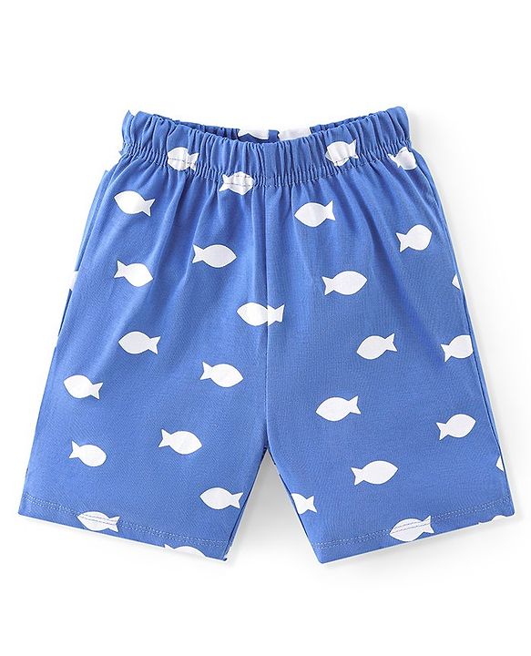 Babyhug Cotton Knit Half Sleeves Night Suit With Shark Print - Blue