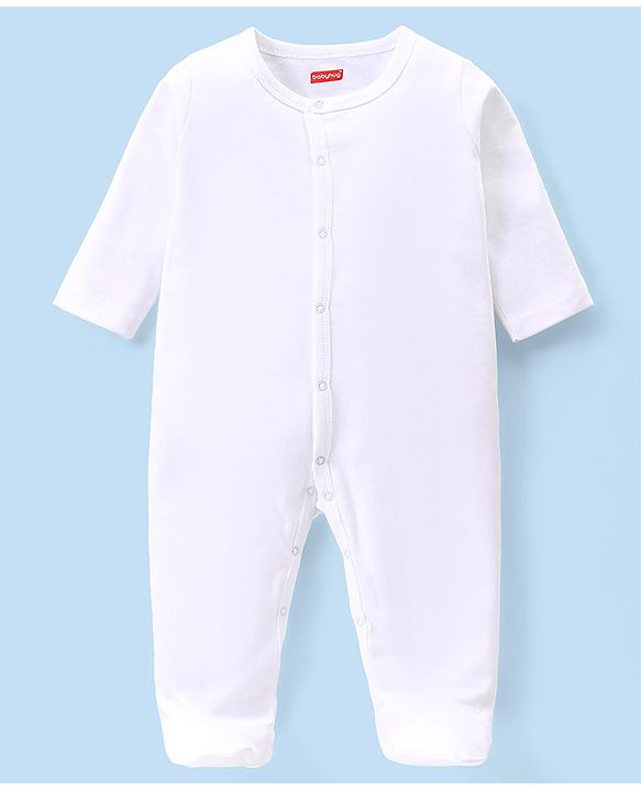 Babyhug Cotton Interlock Knit Full Sleeves Sleepsuit - White