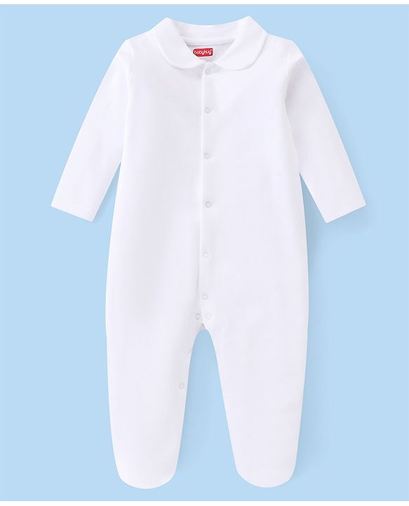 Babyhug Interlock Full Sleeves Front Open Solid Sleepsuit with Peter Pan Collar - White