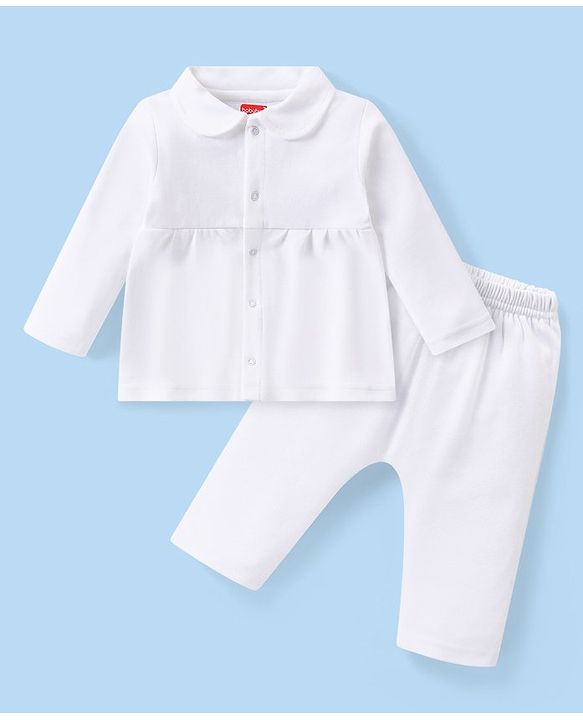 Babyhug Interlock Knit Full Sleeves Night Suit - White