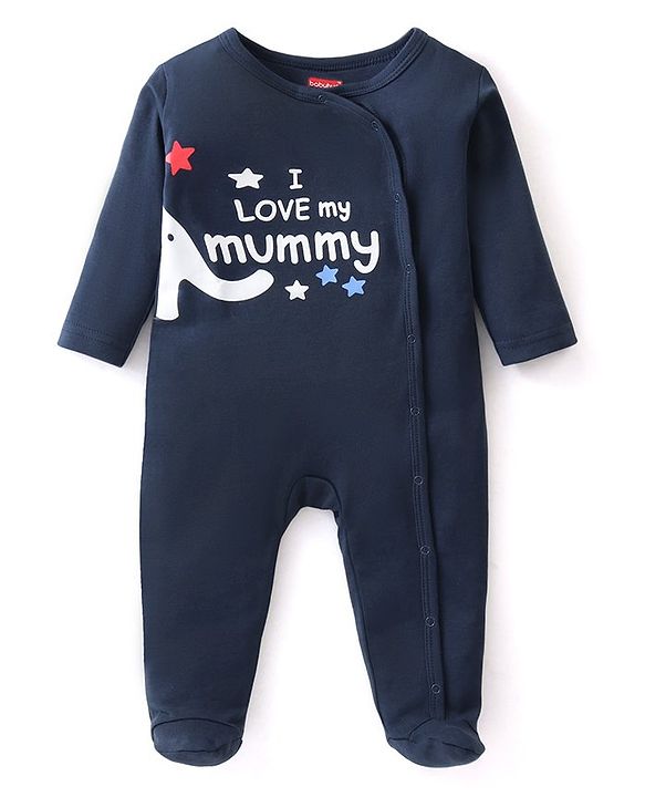 Babyhug Interlock Knit Full Sleeves Sleepsuit With Text Print- Navy Blue