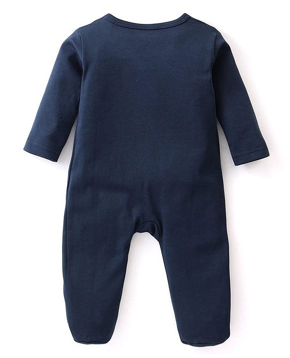 Babyhug Interlock Knit Full Sleeves Sleepsuit With Text Print- Navy Blue