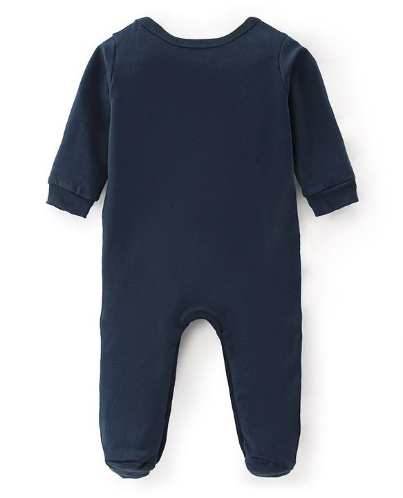 Babyhug Interlock Cotton Knit Full Sleeves Teddy Print Sleep Suit - Navy Blue