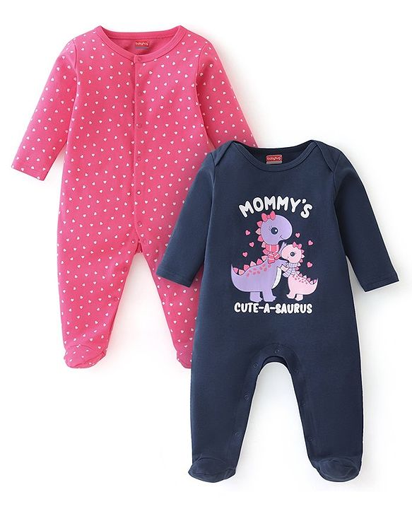 Babyhug Interlock Cotton Knit Full Sleeves Dino & Heart Print Sleepsuits Pack of 2 - Navy & Pink
