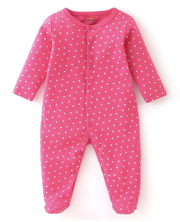 Babyhug Interlock Cotton Knit Full Sleeves Dino & Heart Print Sleepsuits Pack of 2 - Navy & Pink