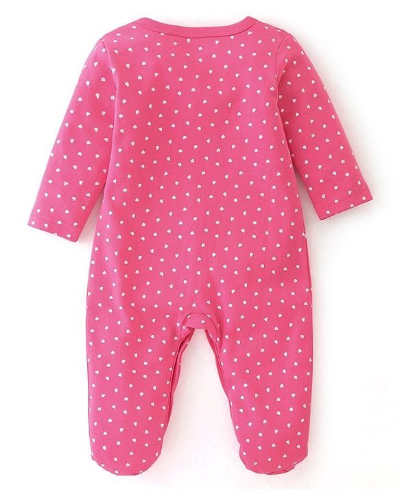 Babyhug Interlock Cotton Knit Full Sleeves Dino & Heart Print Sleepsuits Pack of 2 - Navy & Pink