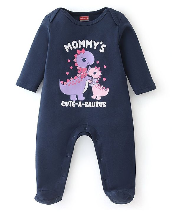 Babyhug Interlock Cotton Knit Full Sleeves Dino & Heart Print Sleepsuits Pack of 2 - Navy & Pink