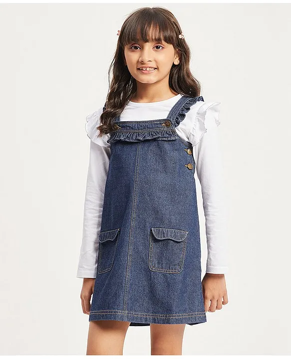 Buy PURPLE UNITED KIDS Sleeveless Frill Detailed Denim Dungaree Styled  Dress Blue for Girls (4-5Years) Online in India, Shop at  -  15842302